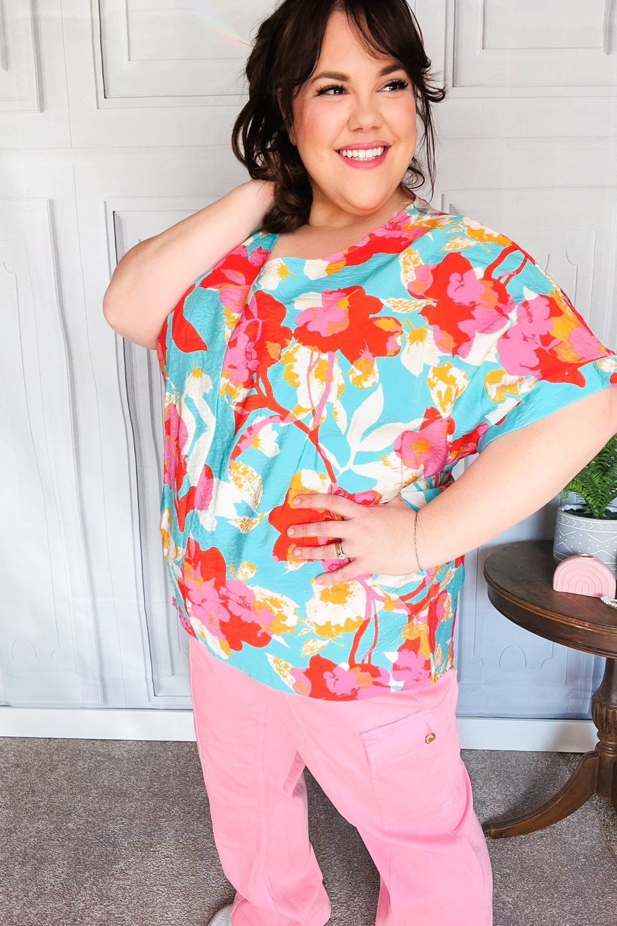 Stylish Aqua & Coral Floral Print V-Neck Woven Blouse for Women | Summer Casual & Beach Outfit | Perfect for Vacations, Dates, and Outdoor Events