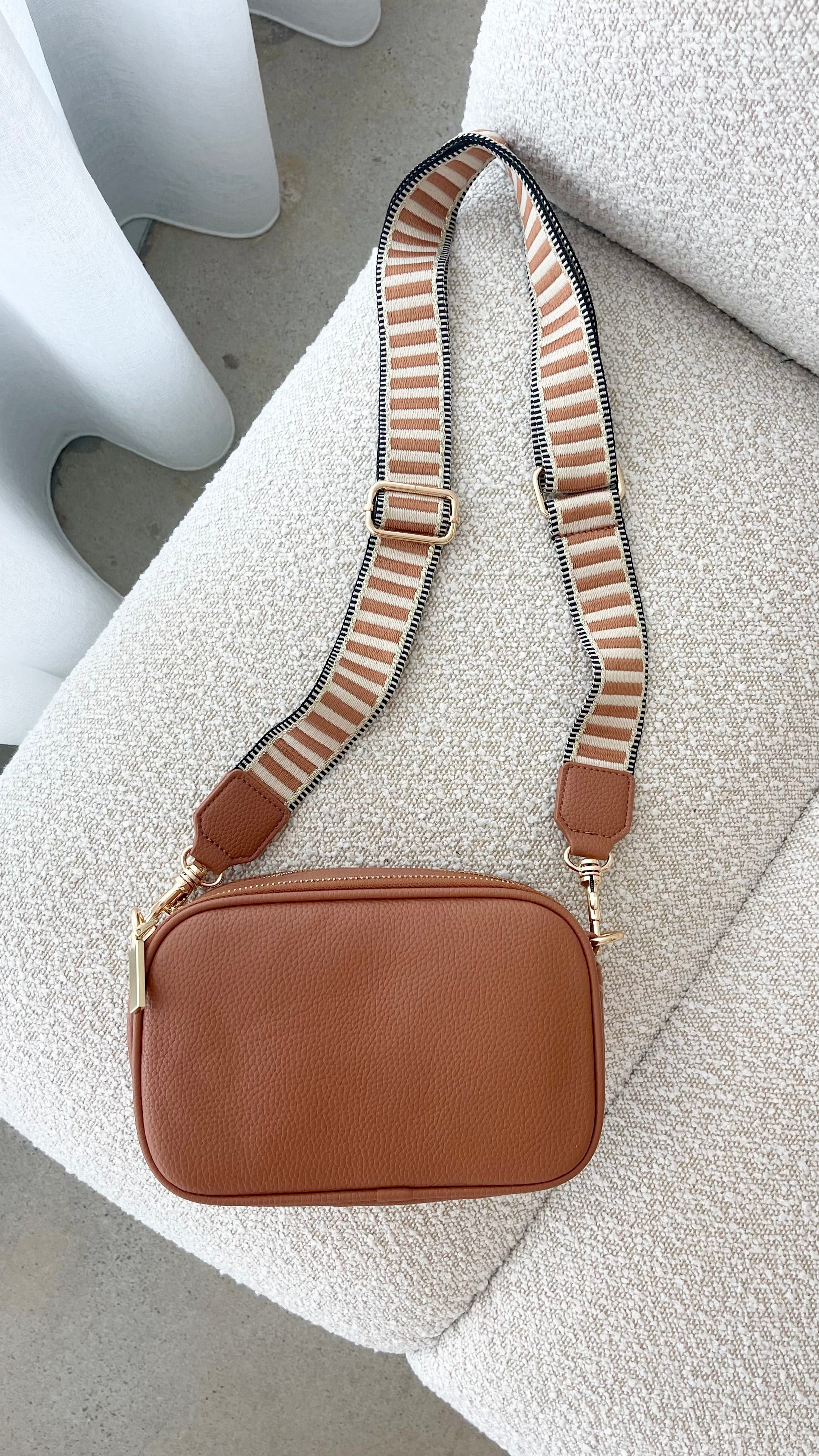 Bella Striped Webbing Camera Bag Tan - Stylish DSLR/SLR Camera Case for Travel & Photography Enthusiasts