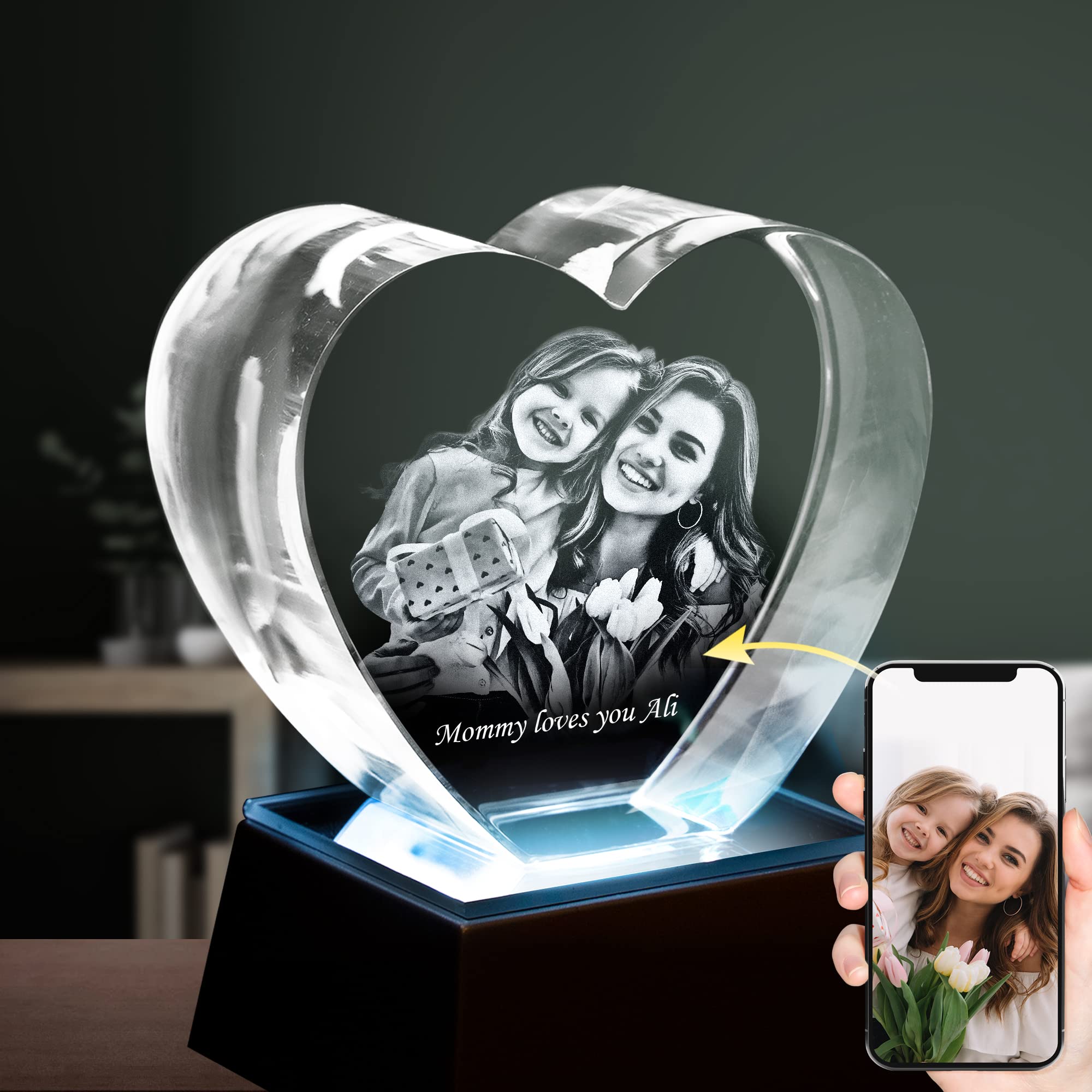 3D Photo Gifts - Heart Shaped Crystal Glass Picture Frame with Custom Engraving | Personalized Anniversary, Birthday & Wedding Present | Perfect for Home Decor, Romantic Gifts & Special Occasions
