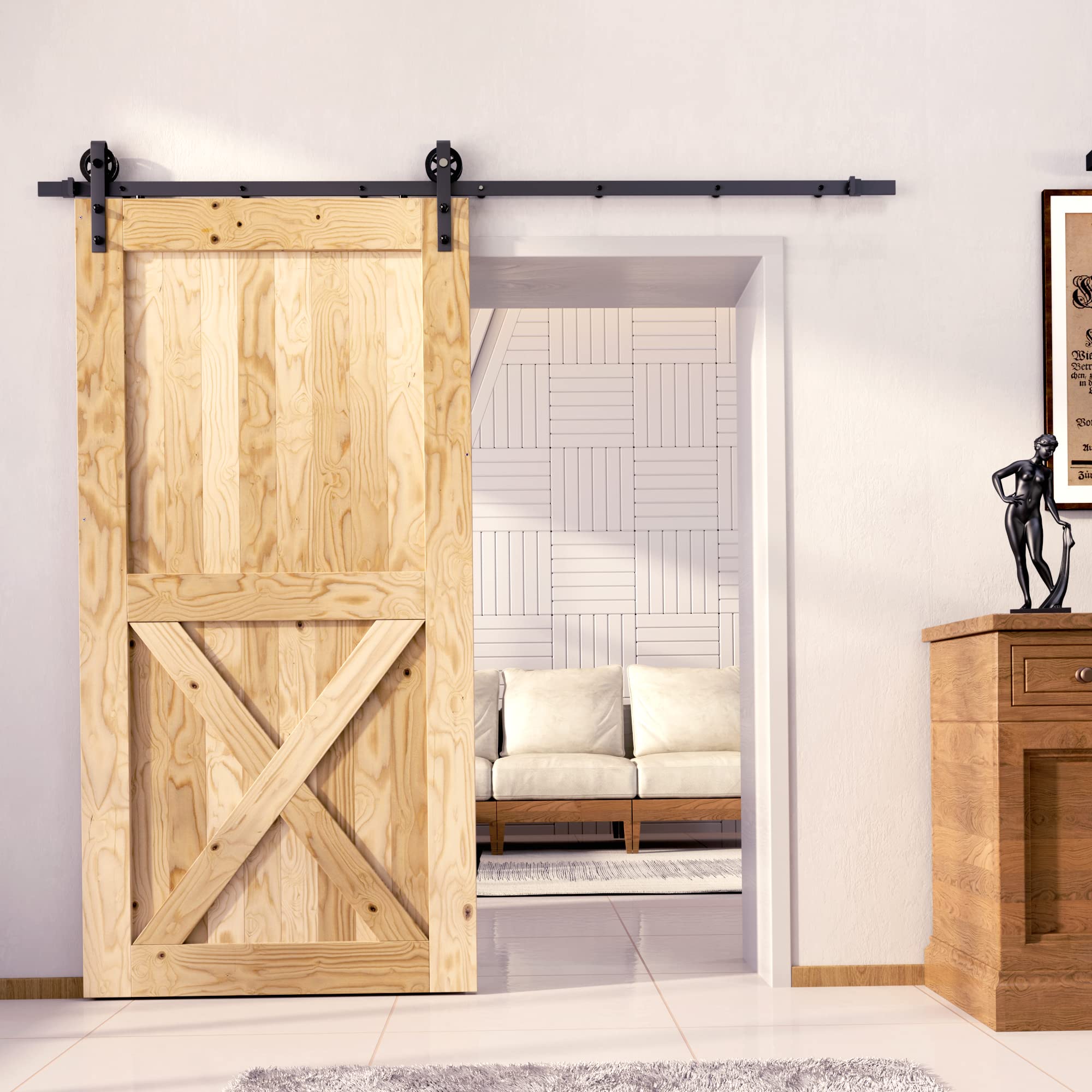 Homacer Black Rustic Non-Bypass Sliding Barn Door Kit with 8ft Flat Track & Spoke Wheel Rollers - Single Door Hardware for 46in x 84in Interior Doors - Perfect for Bedroom, Closet, or Farmhouse Style Home Decor