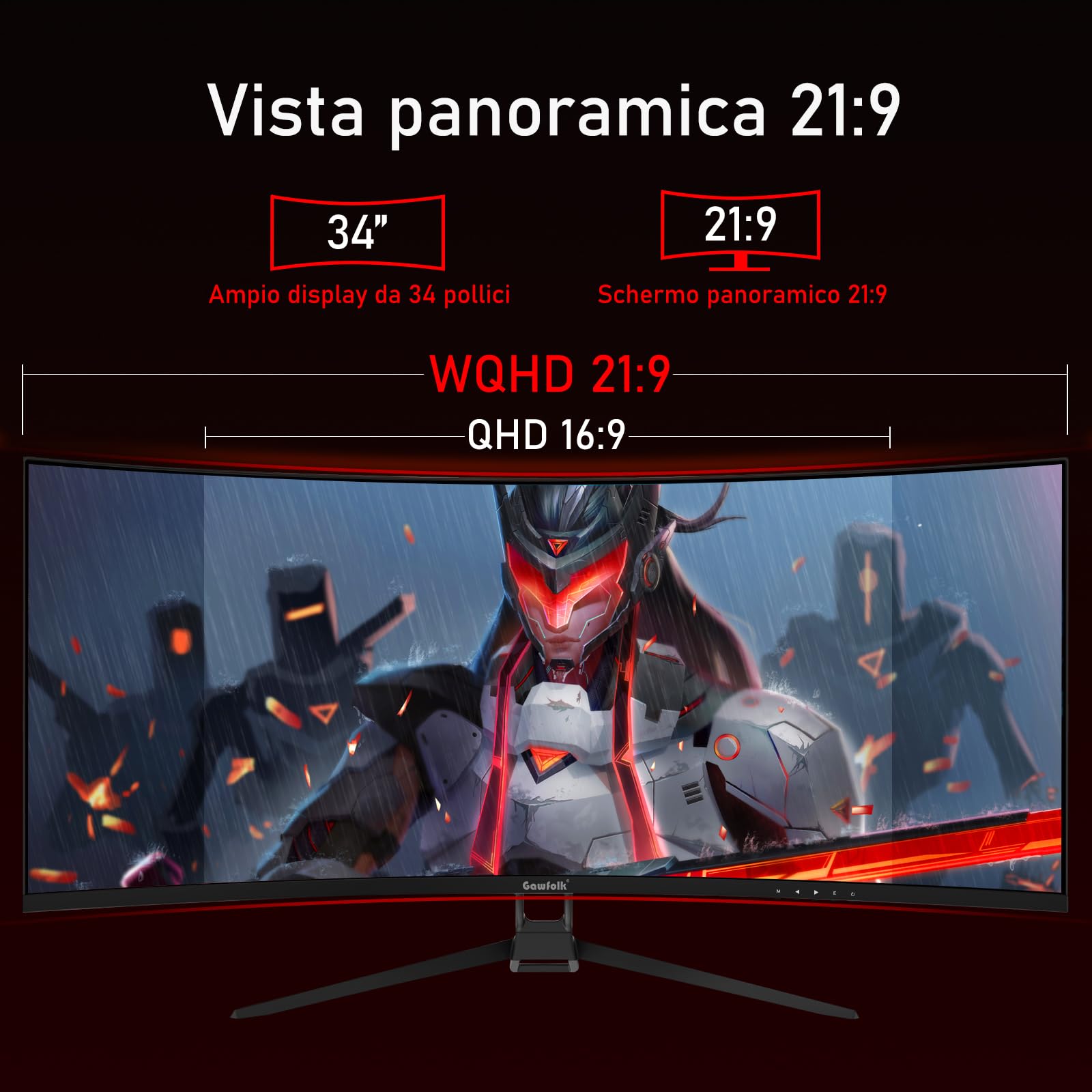 Gawfolk 34 Inch Ultrawide Curved Gaming Monitor 1500R, 144Hz, 21:9 UWQHD (3440x1440), Adaptive Sync, HDR, 178° Viewing Angle, HDMI & DisplayPort, VESA 75x75mm - Black - Perfect for Immersive Gaming, Home Office & Multimedia Entertainment