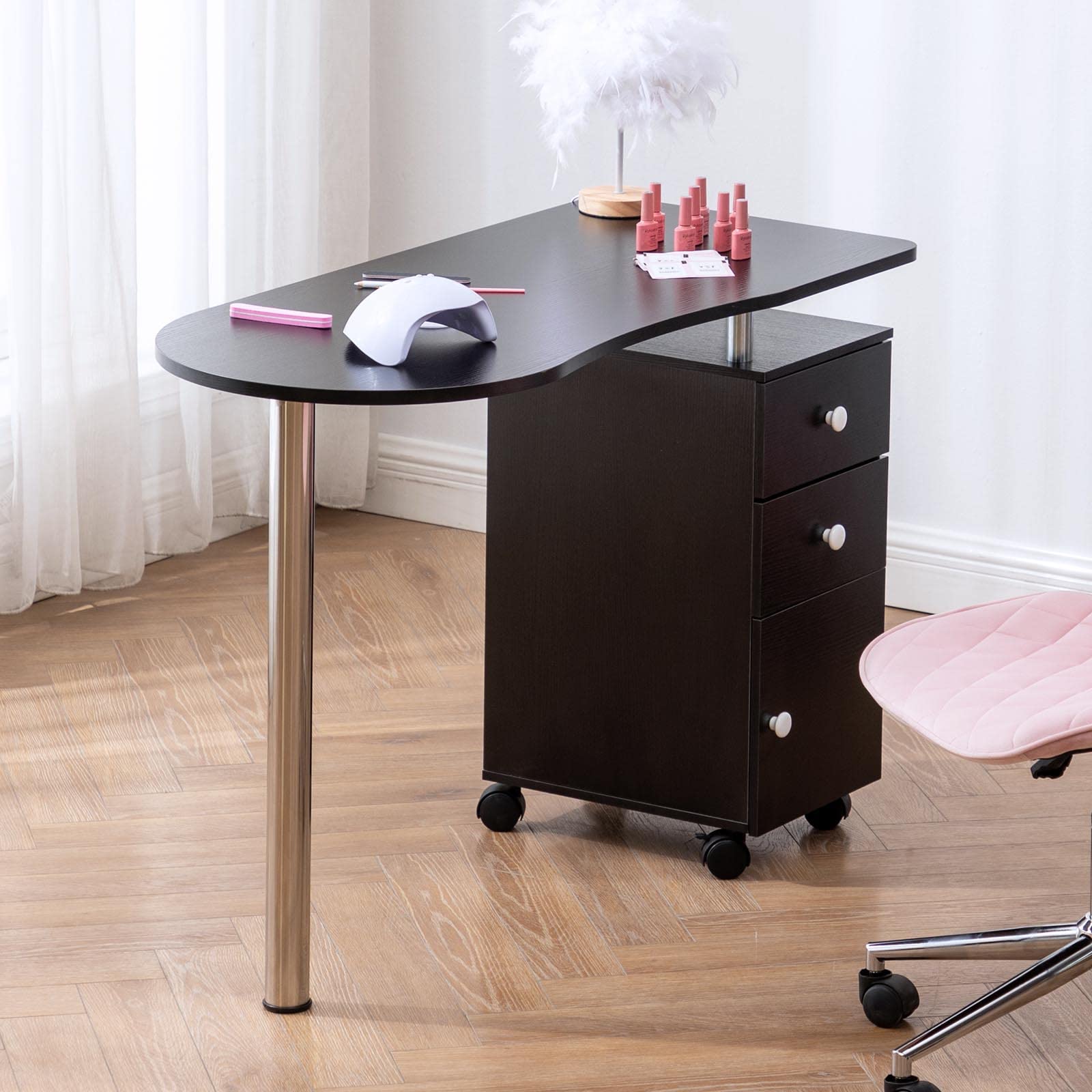 Professional Acetone-Resistant Wooden Salon Nail Table with Single Cabinet, Drawers, Adjustable Wheels & Wrist Pad - Perfect for Manicure, Pedicure & Nail Salon Services