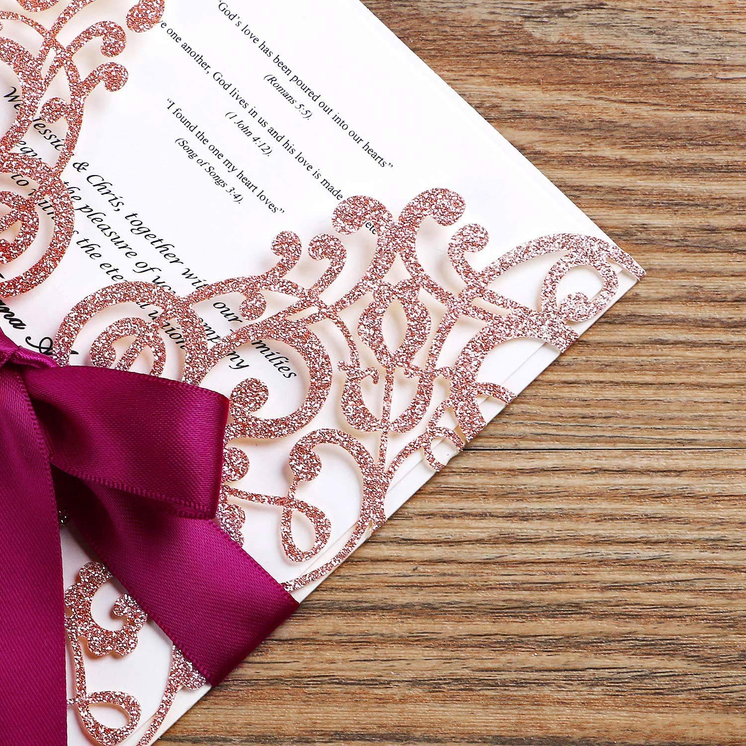 50PCS Laser Cut Lace Rose Wedding Invitation Cards Set with Ribbon & Envelopes - 5.12
