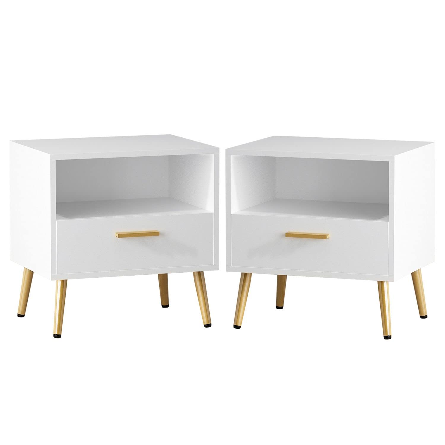 FAMAPY Set of 2 Modern Nightstands with Drawer & Open Shelf, White End Tables with Gold Metal Legs - 19.5
