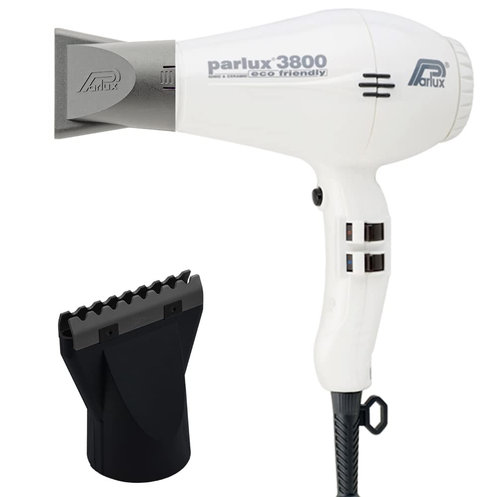 Parlux 3800 Professional Ionic Ceramic Hair Dryer with Hot Blow Attachment - Eco Friendly White Hair Dryer for Salon & Home Use - Bundle Includes Hair Dryer and Styling Nozzle - Perfect for Smooth, Shiny Hair Styling
