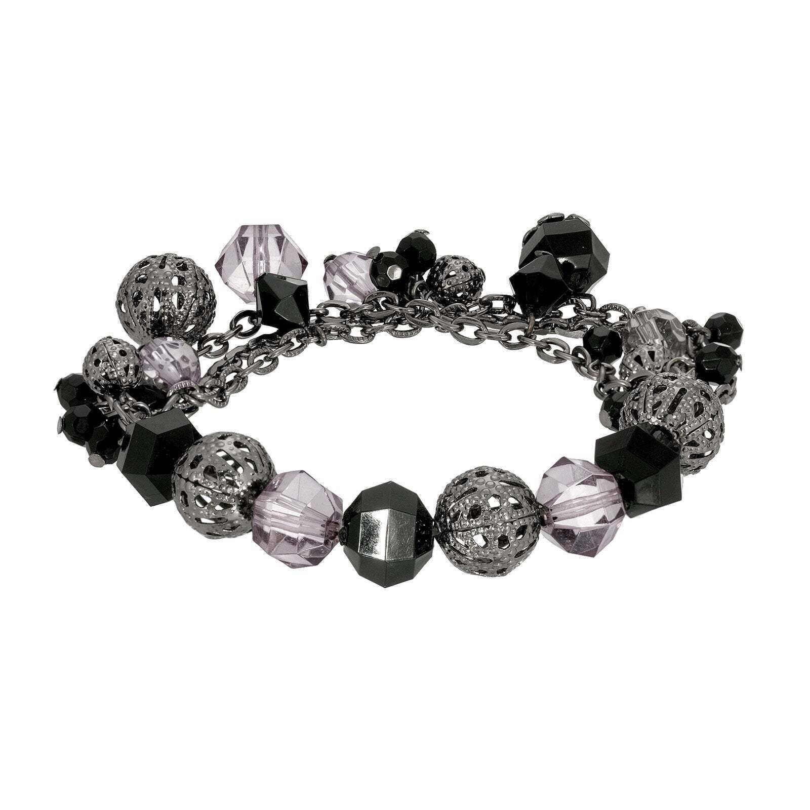 1928 Black Beaded Round Filigree Ball Stretch Bracelet for Women - Vintage Style Jewelry for Parties, Weddings & Special Occasions