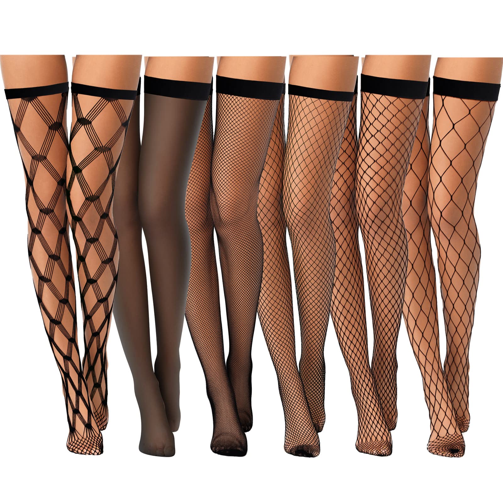 Janmercy 6 Pairs Women's Fishnet Thigh High Stockings - Elastic Band Top, Sheer Over Knee Silky Stockings for Women | Perfect for Cosplay, Party, Halloween & Fashion Outfits