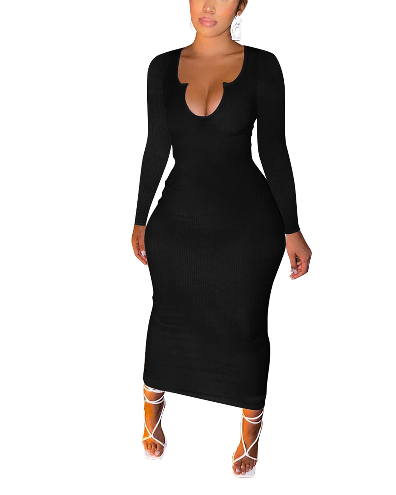 Sexy Women's Two Piece Skirt Outfit - Long Sleeve/Sleeveless V Neck Bodycon Ribbed Knit Maxi Dress for Club, Party & Night Out | Perfect for Date Night, Cocktail Events & Evening Occasions