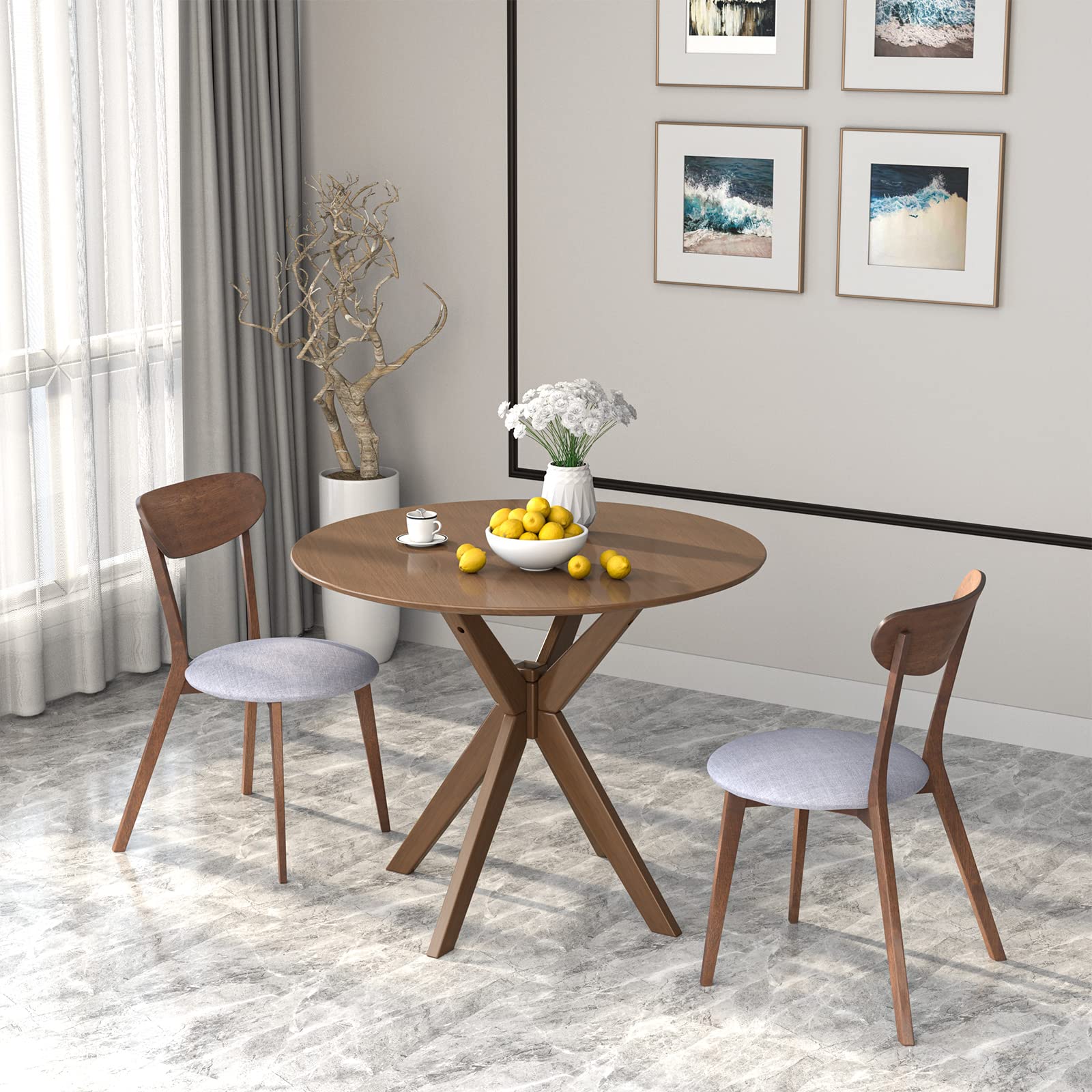 Giantex 3-Piece Wooden Farmhouse Dining Set - Round Kitchen Table with 2 Cushioned Chairs, Mid-Century Modern Dinette for Dining Room, Living Room & Small Spaces - Perfect for Family Meals, Breakfast Nook & Cozy Gatherings