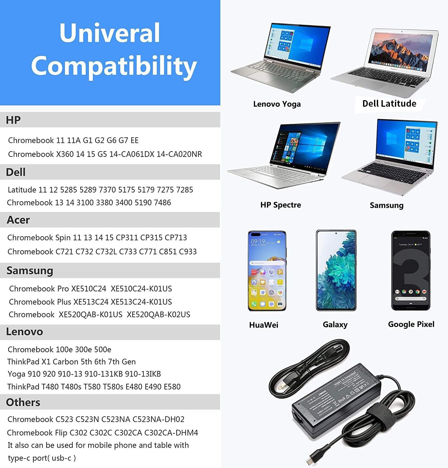 45W USB C Fast Charger for Lenovo Chromebook - Compatible with Lenovo Laptops - Type C Power Adapter with Quick Charge - Perfect for Home, Office & Travel Use