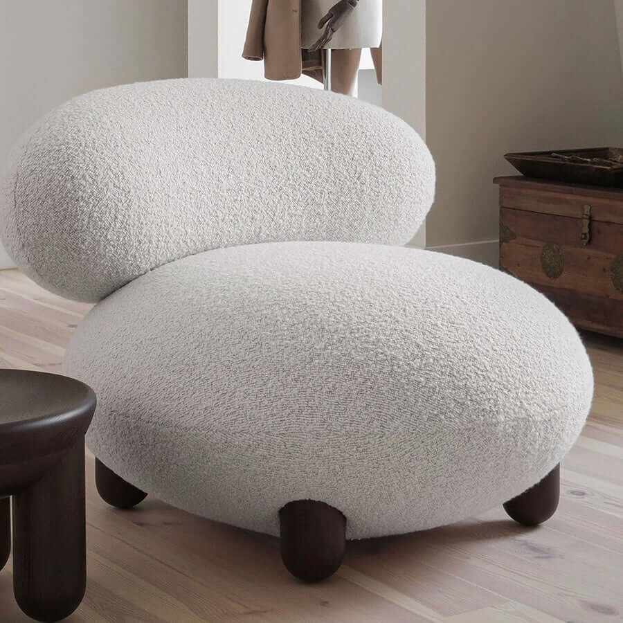 Japandi Style White Boucle Sherpa Round Accent Chair with Wooden Legs & Ottoman - Modern Scandinavian Minimalist Lounge Chair for Living Room, Bedroom or Office