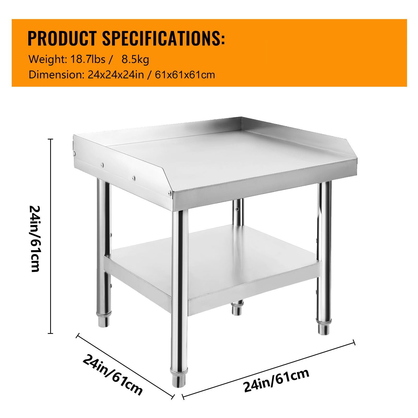Heavy Duty Stainless Steel 24x24x24 Inch Commercial Grill Stand Table with Adjustable Legs - 1000 lbs Capacity Top Shelf & 220 lbs Bottom Shelf - 2