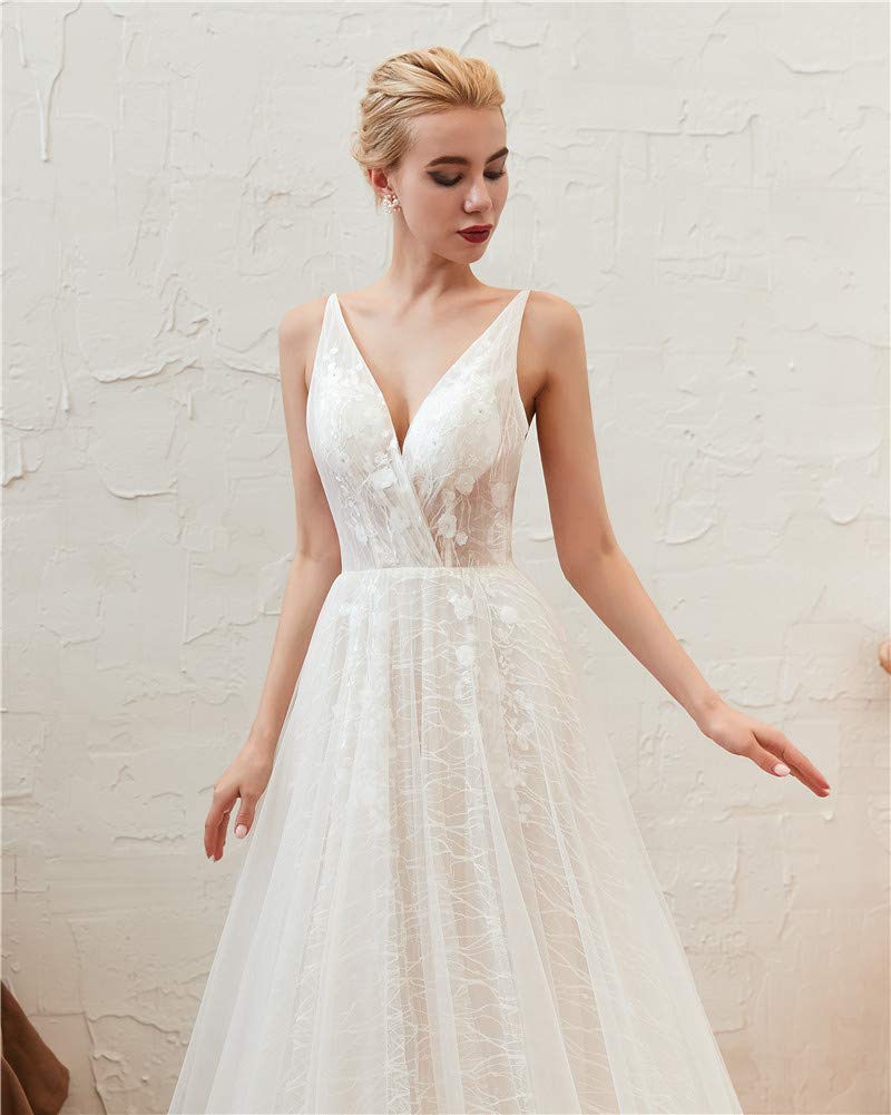 Datangep Women's Sexy Tulle Bohemian Beach Wedding Dress for Bride - Elegant Lace Bridal Gown for Beach Ceremony, Destination Wedding & Boho Photoshoot