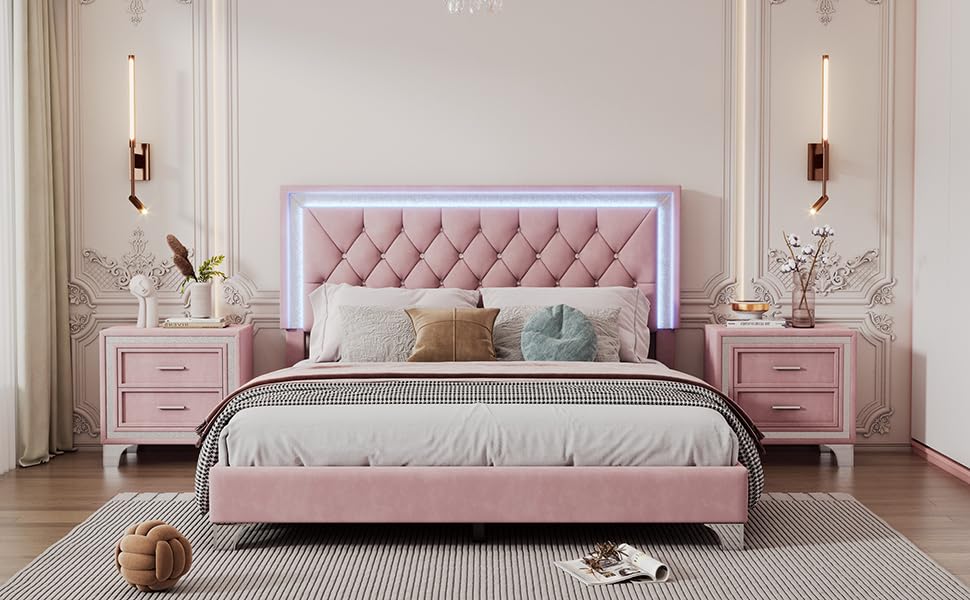 Harper & Bright Designs 3-Piece Queen Bedroom Set with LED Lights - Modern Upholstered Platform Bed & 2 Nightstands, Pink Queen Size Bedroom Furniture for Stylish Master Bedrooms & Guest Rooms