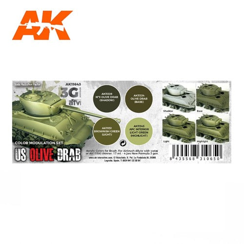 AK Interactive AK11643 US Olive Drab Modulation 3G - Scale Model Paint Set for Military Miniatures & Dioramas - Perfect for WWII Tank, Aircraft & Figure Painting
