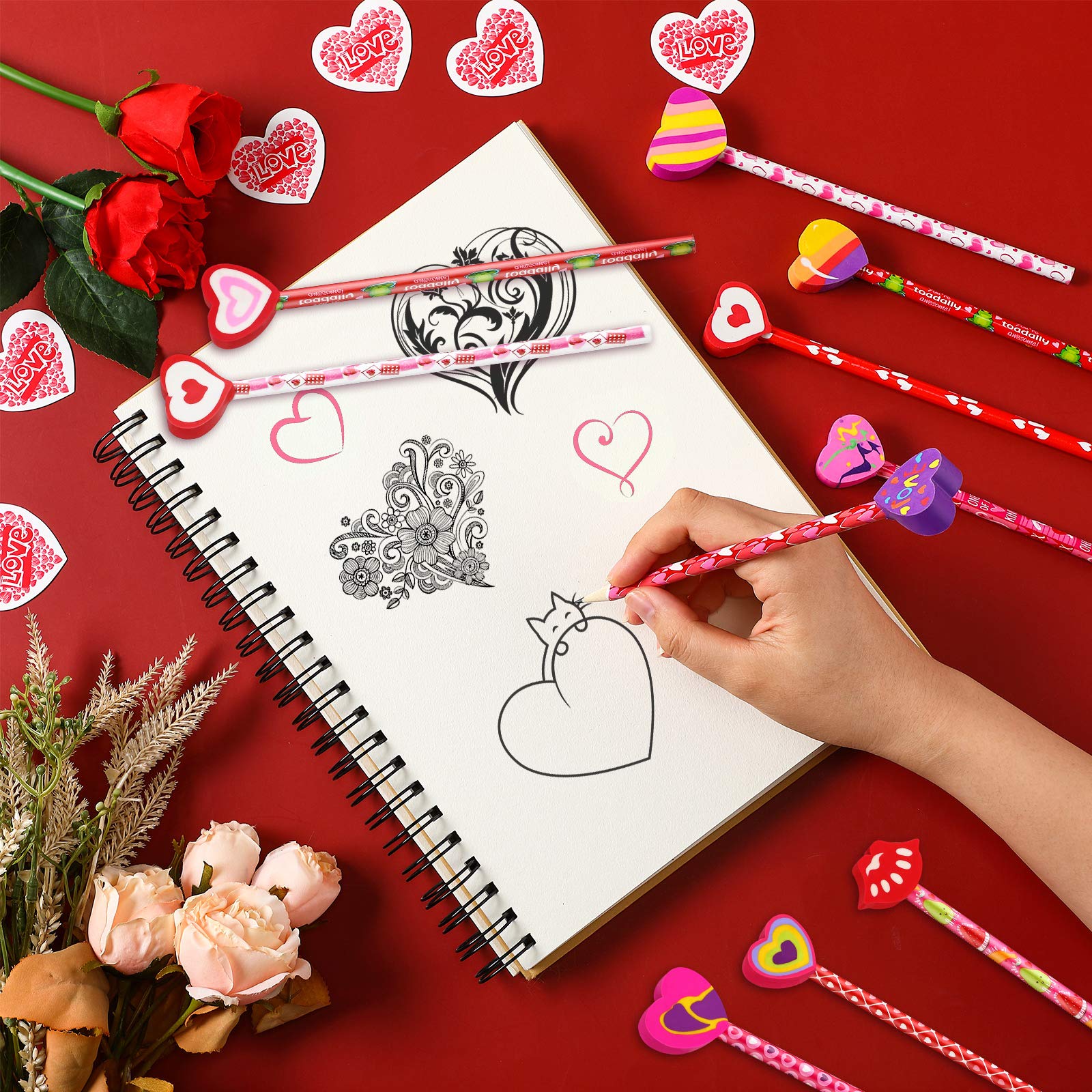 Valentine's Heart Pencils with Erasers - 36pcs Colorful School Supplies for Gifts & Office