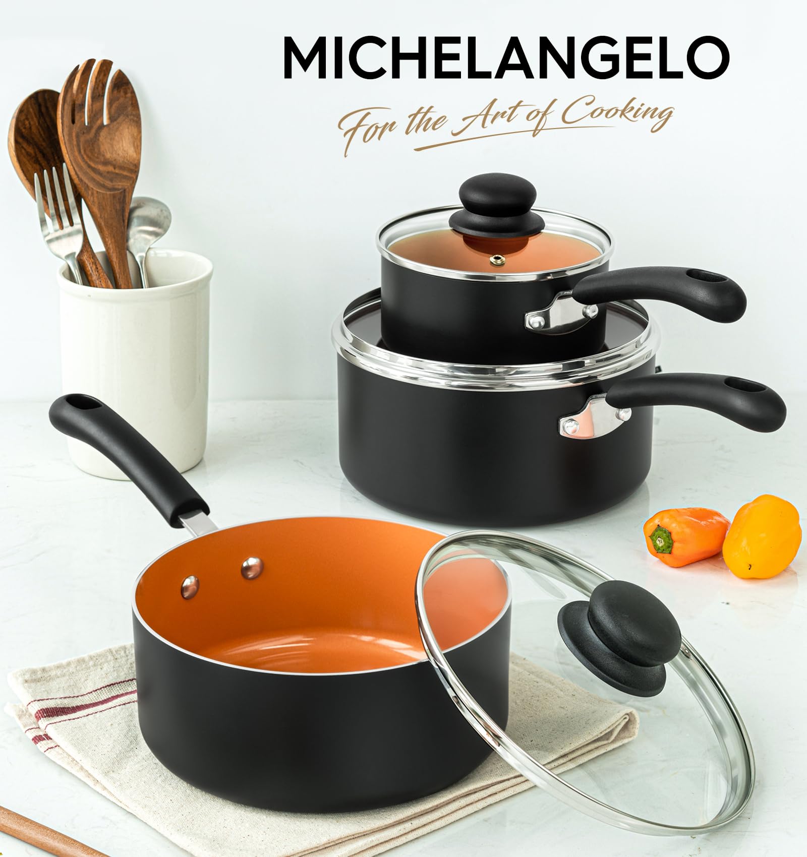 MICHELANGELO Nonstick Ceramic Saucepan Set with Lid - 1QT, 2QT & 3QT PFAS-Free Copper Cookware | Multipurpose Kitchen Pots for Cooking, Boiling & Simmering | Dishwasher Safe for Easy Cleaning | Perfect for Home Chefs & Everyday Meals