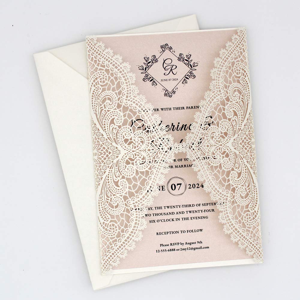 25-Pack White Lace Laser Cut Wedding Invitations with RSVP Cards - Elegant Blush Pink Shimmer Stationery for Weddings, Sweet 16 Parties, Bridal Showers & Birthday Celebrations - Perfect for Formal Events & Special Occasions