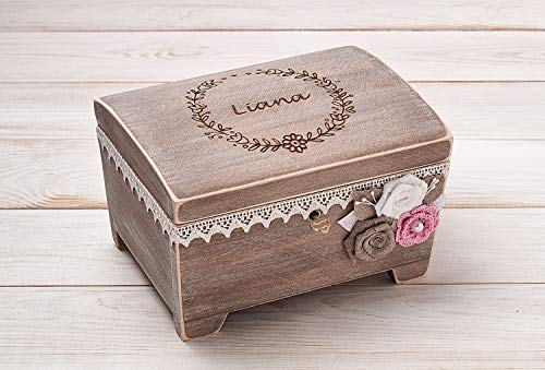 Personalized Baby Girl Jewelry Box with Key - Custom Monogrammed Keepsake Memory Chest for Baptism Gifts & First Birthday - Perfect for Storing Baby Bracelets, Hair Clips and Special Mementos