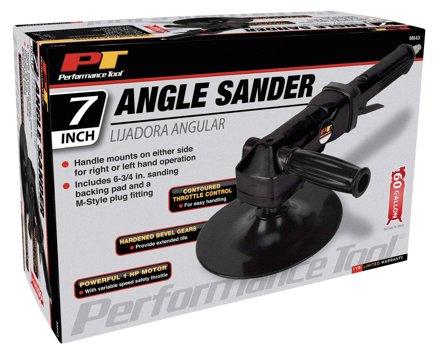 Performance Tool M643 7-Inch Horizontal Angle Sander - Heavy Duty Metal & Wood Sanding for DIY Projects, Auto Body Repair & Woodworking