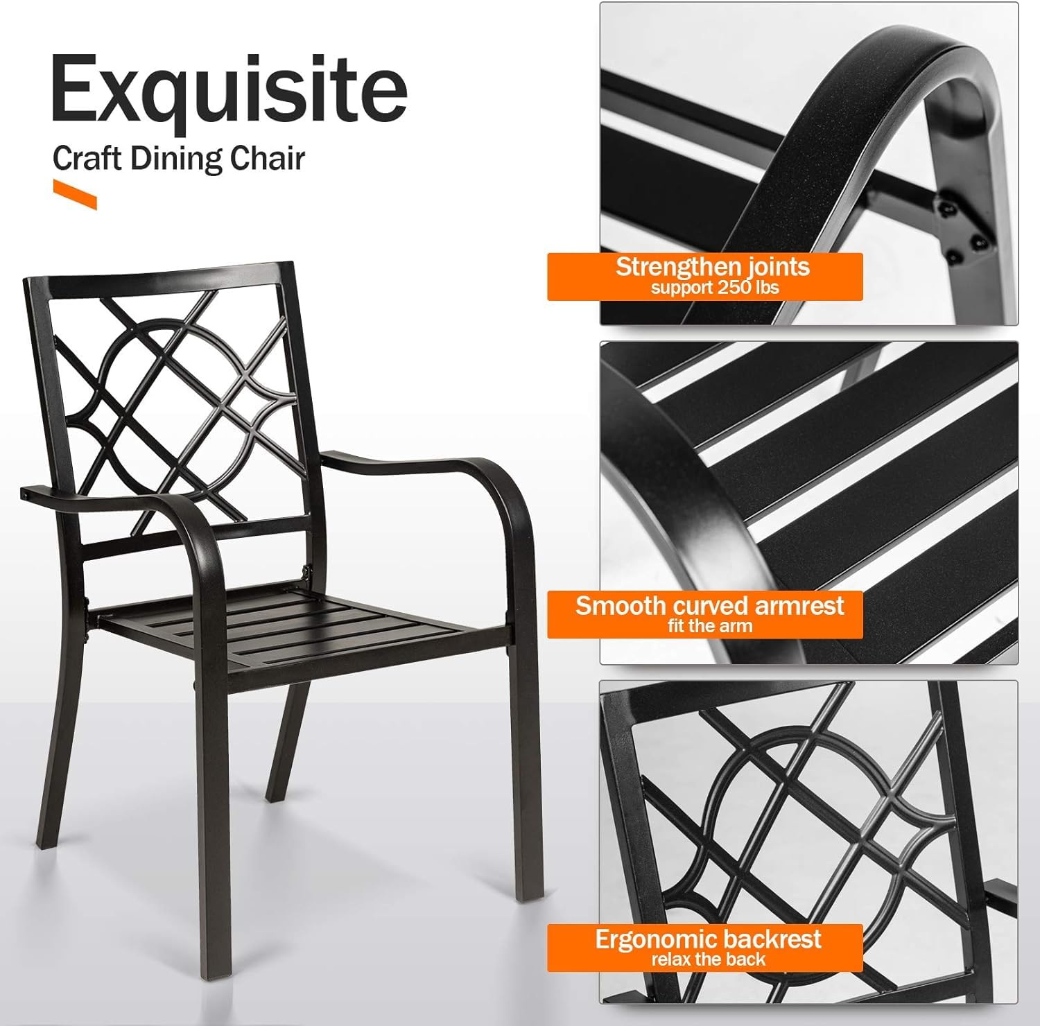 Wrought Iron Patio Outdoor Dining Chairs Set of 2 - Portable Black Stackable Metal Bistro Chairs for Garden, Backyard, Lawn - Indoor & Outdoor Use - Supports 300 lbs - Perfect for Dining, Lounging, and Entertaining