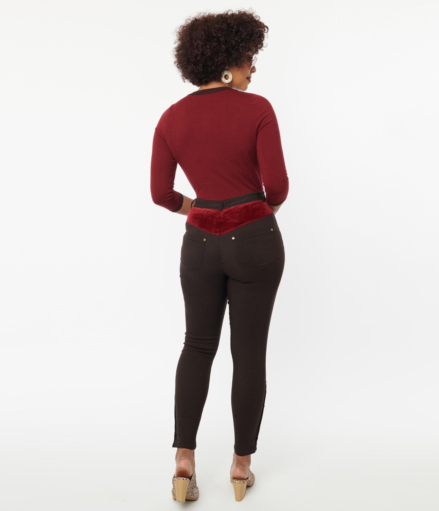 Vintage Brown Denim Skinny Jeans with Red Yoke - High Waisted Slim Fit Stretch Jeans for Women - Perfect for Casual Wear, Date Night & Retro Fashion Outfits