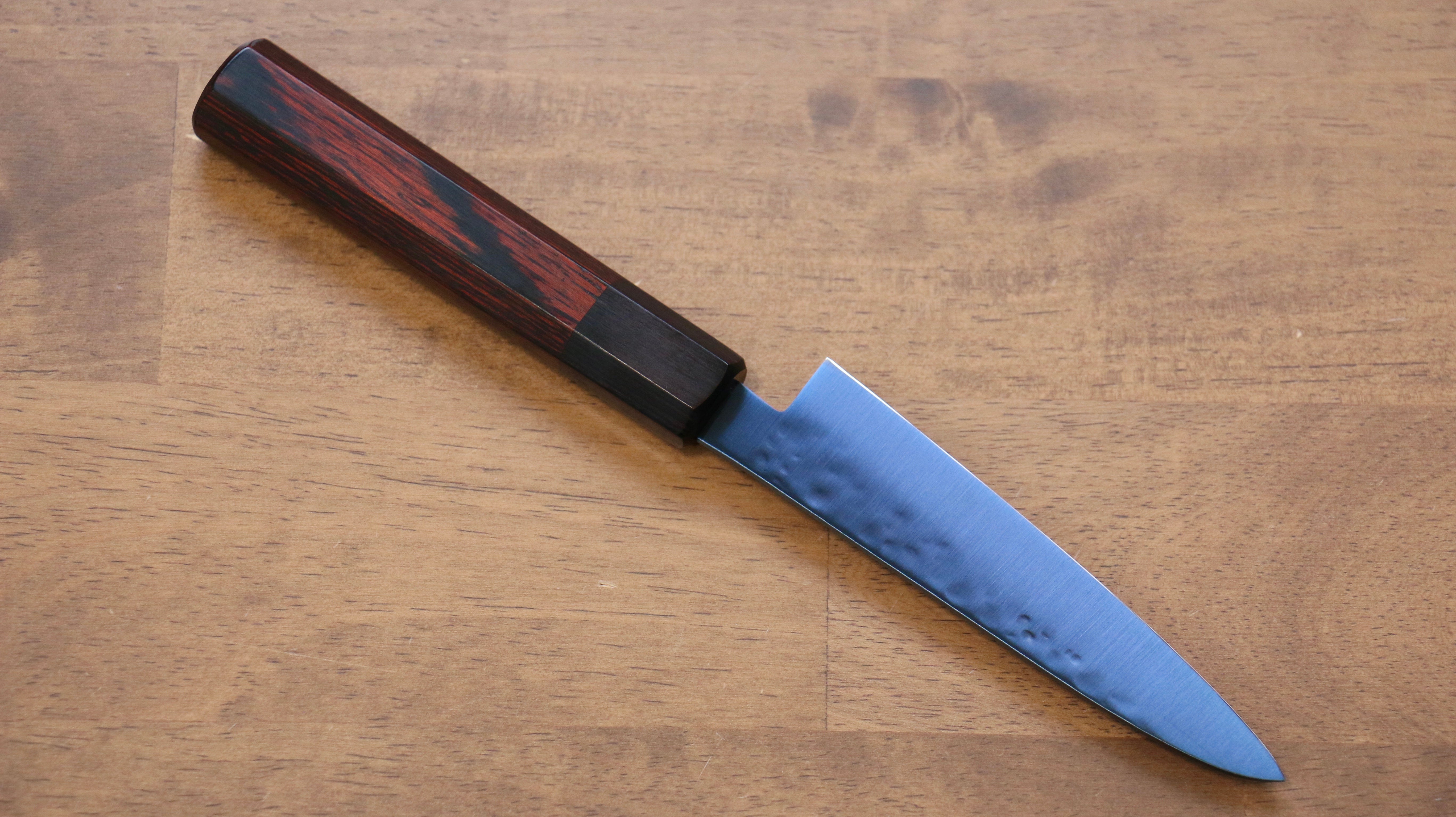 Seisuke SK 85 120mm Hammered Petty Utility Knife - Japanese Ion Plating Stainless Steel Blade with Red Pakka Wood Handle - Perfect for Slicing, Chopping & Garnishing in Professional Kitchens & Home Cooking