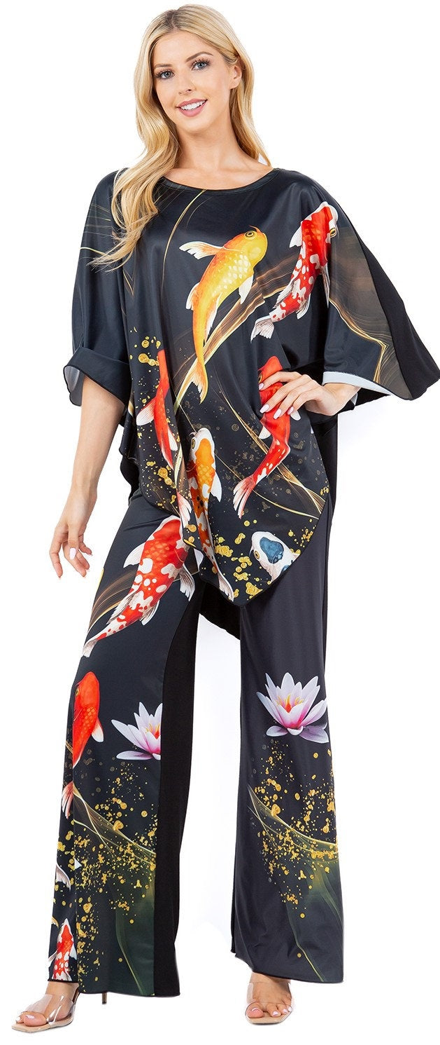Stylish Koi Fish Print Palazzo Pants Set - Comfortable & Trendy Loungewear for Women | Perfect for Yoga, Travel, and Casual Wear