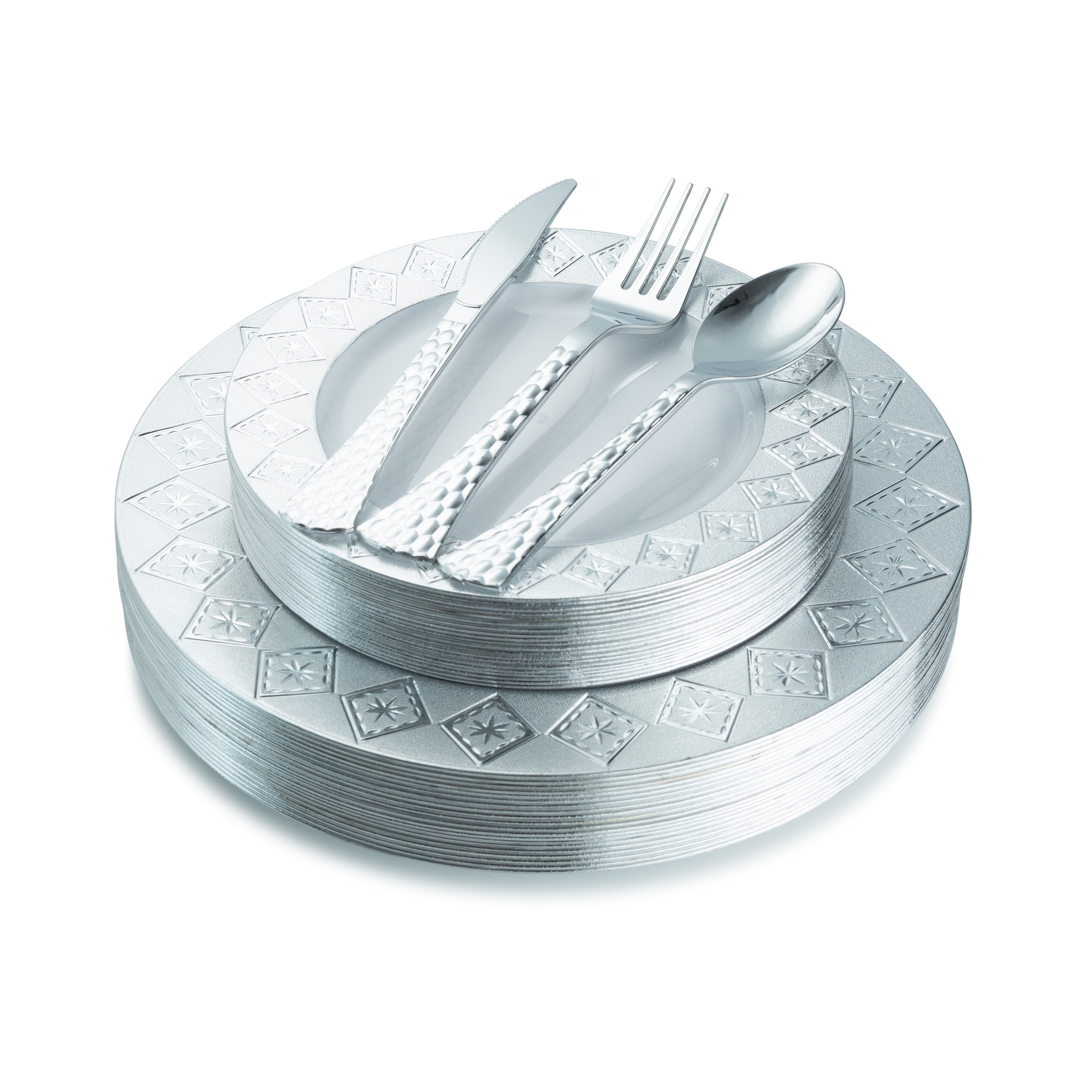 100-Piece White & Silver Round Plastic Dinnerware Set - Includes Plates, Forks, Knives & Spoons (20 Servings) - Perfect for Parties, Picnics, BBQs & Outdoor Events - Durable & Disposable Tableware