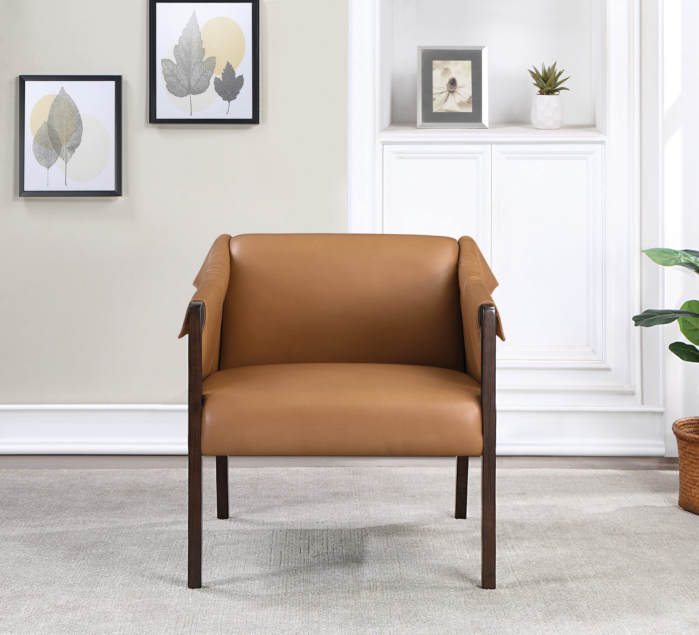 OSP Parkfield Faux Leather Accent Chair - Sling Buckle Design, Solid Hardwood Frame, Camel Brown - Perfect for Living Room, Office or Reading Nook
