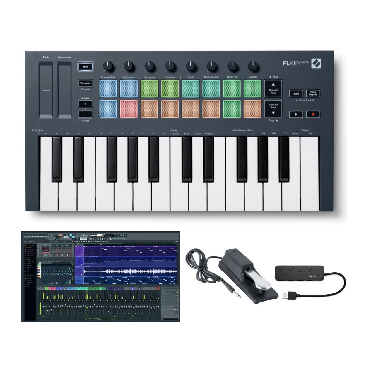 Novation FLkey Mini 25-Key MIDI Keyboard Controller for FL Studio - Bundle with Fruity Edition Software, Sustain Pedal & USB Hub | Perfect for Music Production, Home Studio & Live Performances (4-Piece Set)
