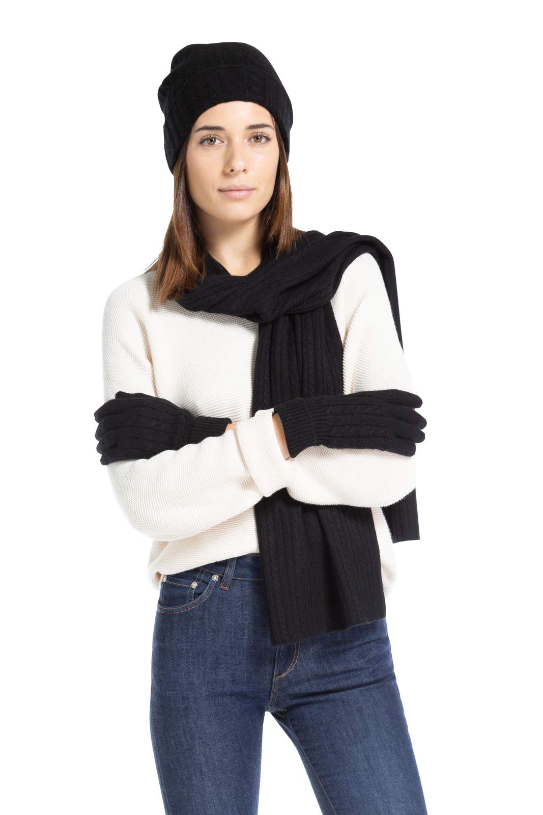 Fishers Finery Women's Pure Cashmere Cable Knit Hat, Gloves & Scarf Set - Winter Accessories Gift Box | Soft & Warm for Cold Weather, Outdoor Activities & Holiday Gifting
