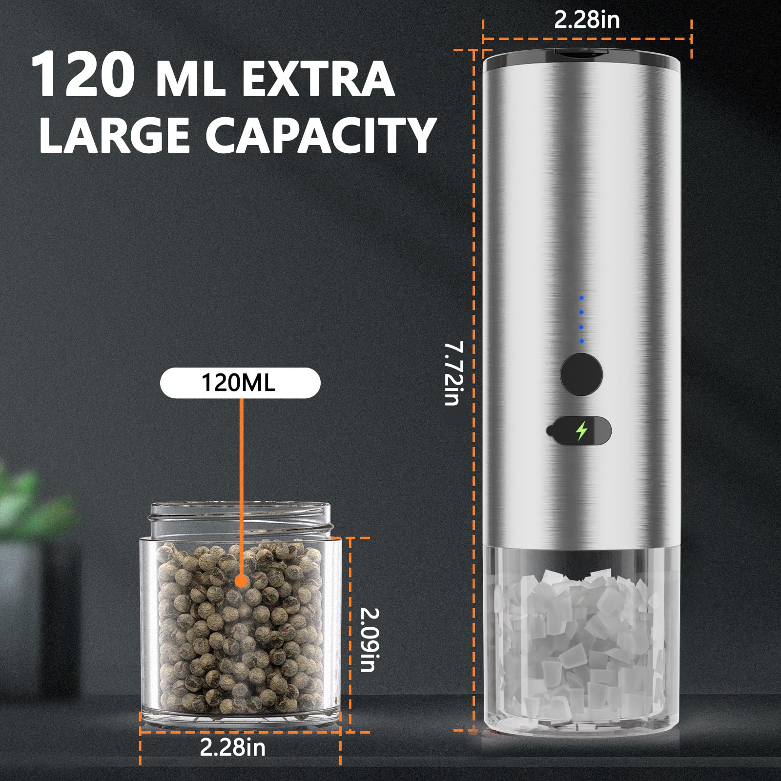 Upgraded Electric Salt and Pepper Grinder Set - USB Rechargeable Automatic Mill with Adjustable Coarseness & LED Power Indicator, 4oz Large Capacity - Perfect for Kitchen, Dining Table, Camping & Gifts