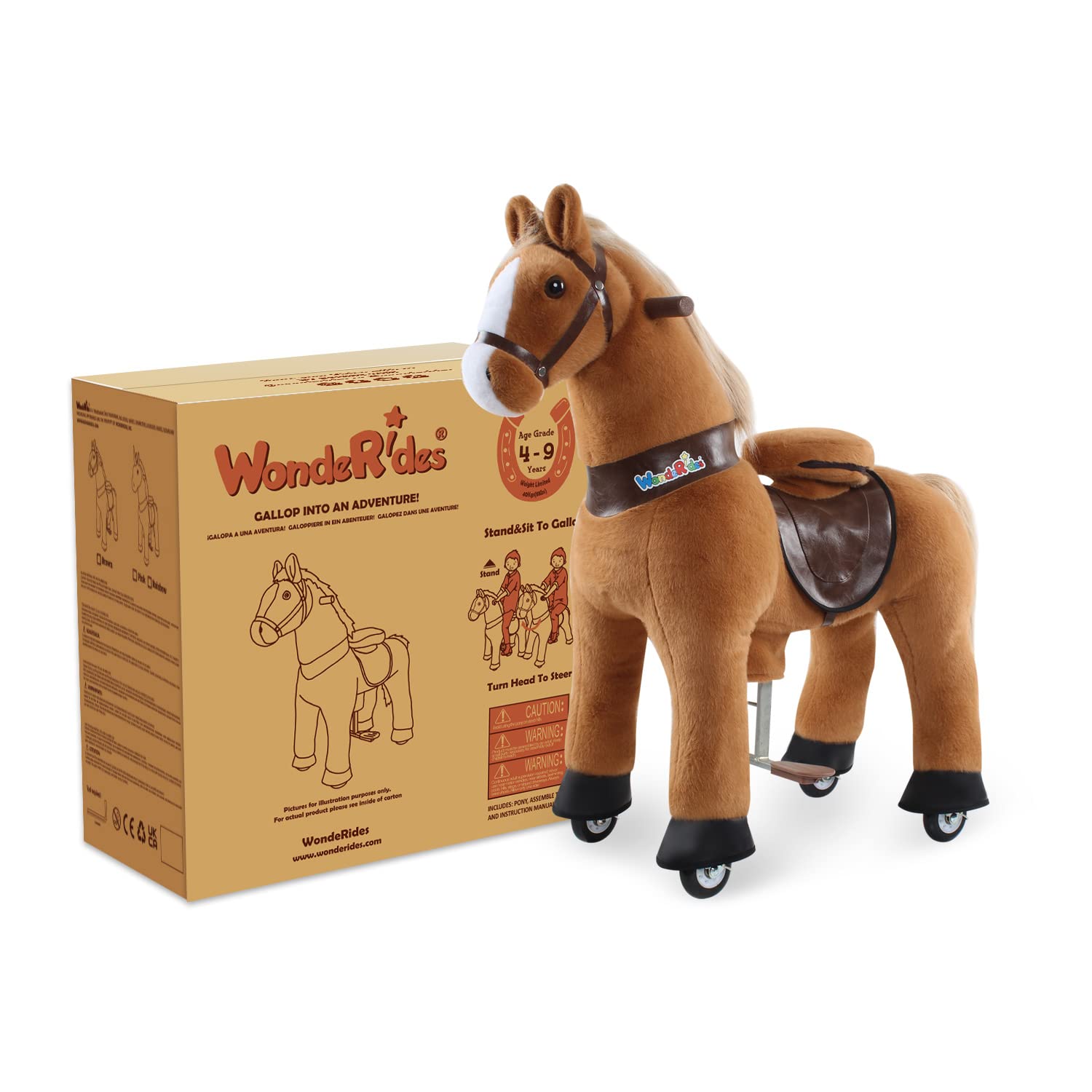 WondeRides Plush Rocking Horse Toy for Kids Ages 4-9 - 36 Inch Mechanical Walking Pony with Wheels | Toddler Ride-On Toy for Indoor & Outdoor Play, Birthday Gifts, and Pretend Play Activities