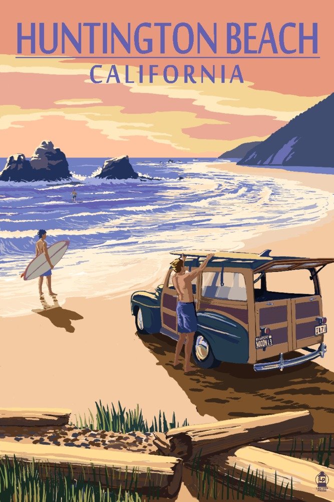 Huntington Beach California Art Print - Woody on Beach 9x12 Wall Decor, Travel Poster for Coastal Home & Office Inspiration