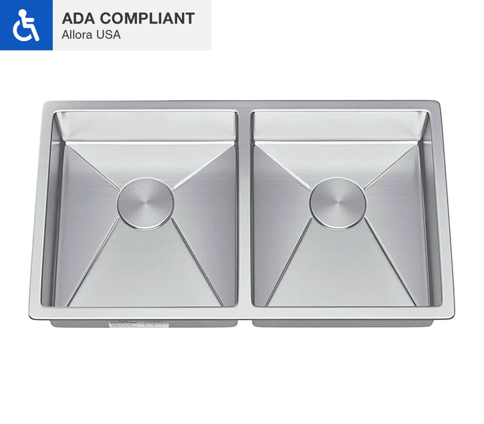 Allora USA ADA KH 3118 R15 31x17.7x5 Inch Handmade Undermount Double Bowl Kitchen Sink - Perfect for Modern Kitchens & Restaurant Prep Areas
