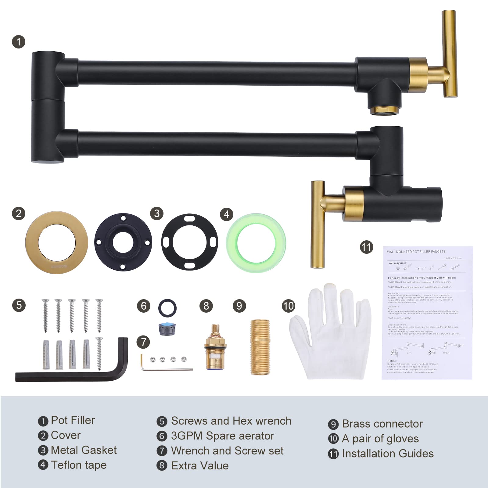 Premium Solid Brass Wall Mount Pot Filler Faucet - Black & Gold Commercial Kitchen Faucet with Stretchable Double Joint Swing Arm for Stove & Sink - Ideal for Restaurants, Home Kitchens & Cooking Enthusiasts