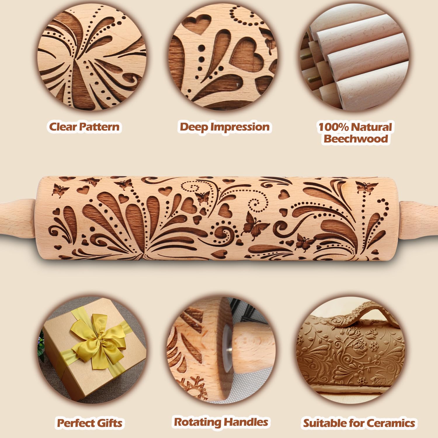 Wooden Embossed Rolling Pin for Baking Cookies - Floral Butterfly Flower Design - Perfect for Springerle, Dough, Clay Pottery & Christmas Cookies - Ideal for Home Bakers & Ceramic Artists