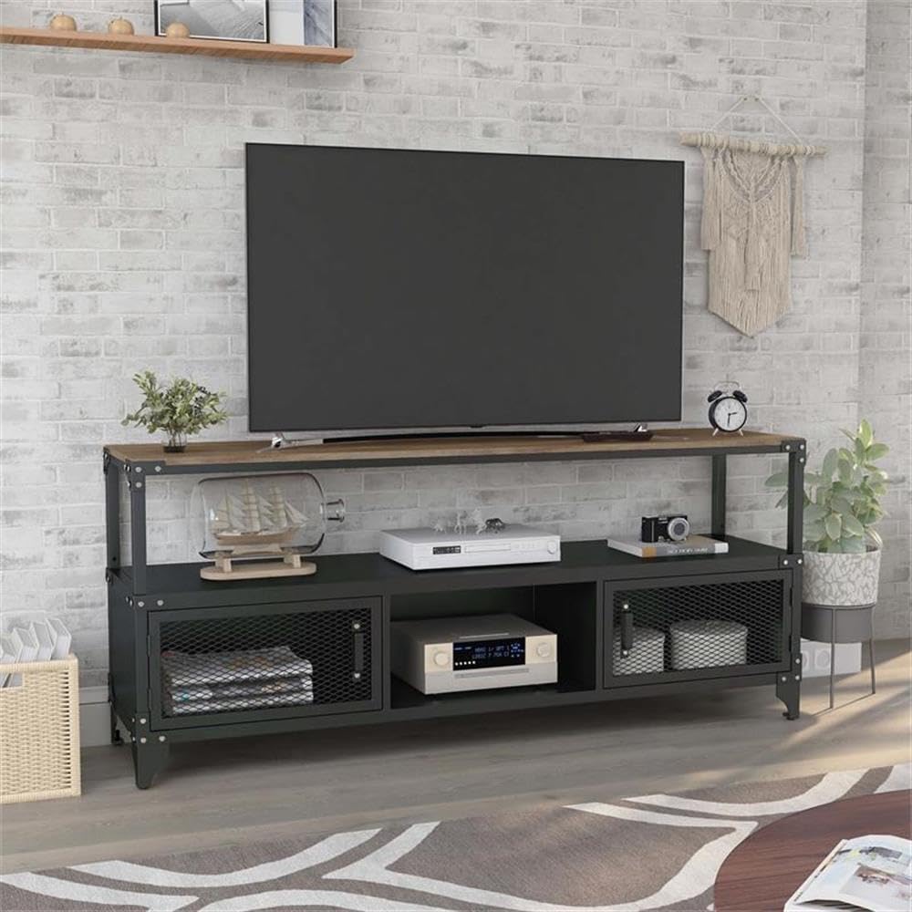 Furniture of America Jordun Industrial Metal 70-inch TV Stand in Sand Black - Modern Entertainment Center for Living Room, Bedroom & Home Theater