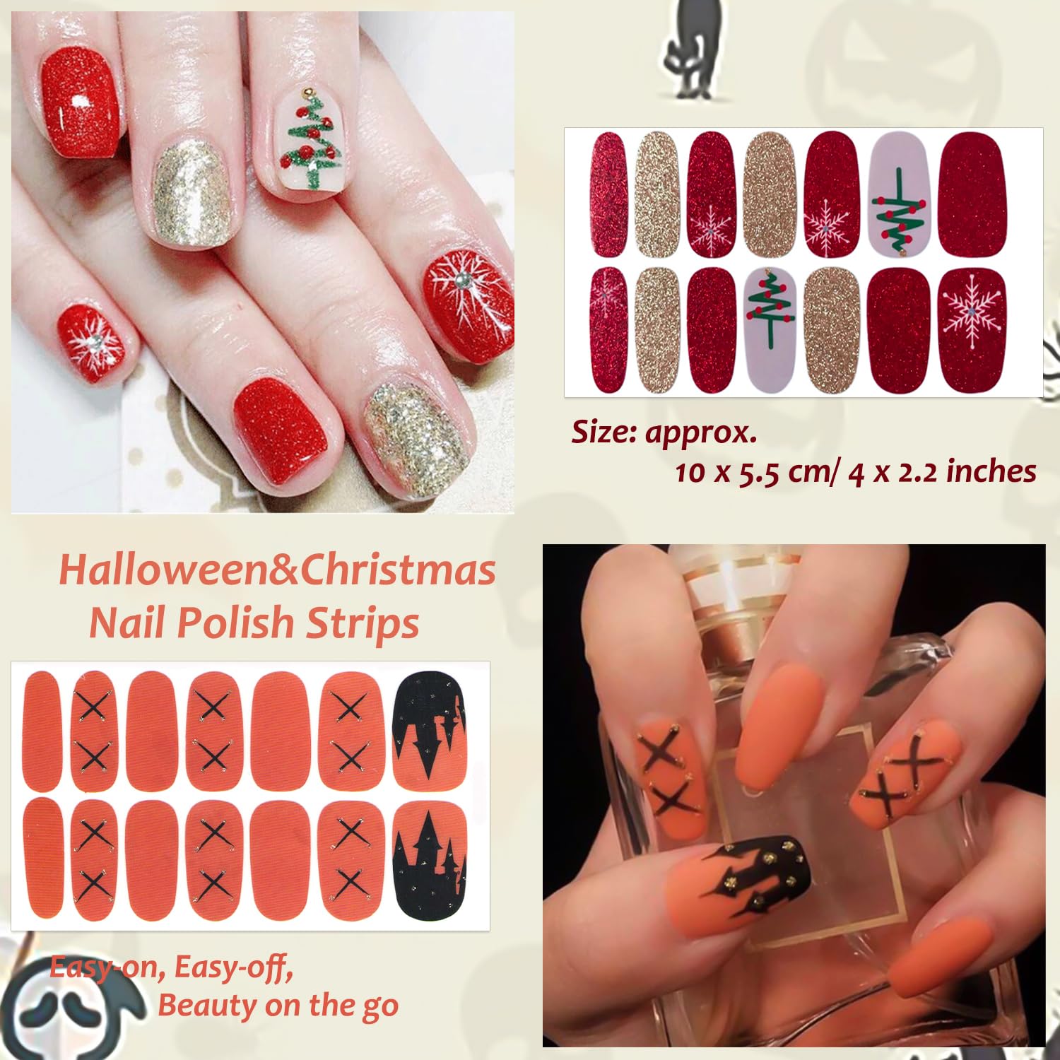 224-Piece Christmas & Halloween Nail Polish Strips Kit - 16 Self-Adhesive Nail Wraps with Nail File for Women & Girls | DIY Manicure Set, Party Nail Art Decals, Holiday Gift Idea for Christmas, Halloween & Special Occasions | Perfect for Home Manicures, Girls' Night Out, Birthday Parties & Festive Celebrations
