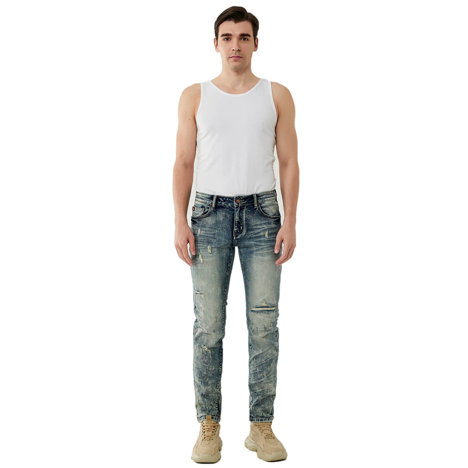 Men's Distressed Slim Fit Stretch Ripped Denim Jeans - Full Length Destroyed Wash for Casual Wear & Street Style