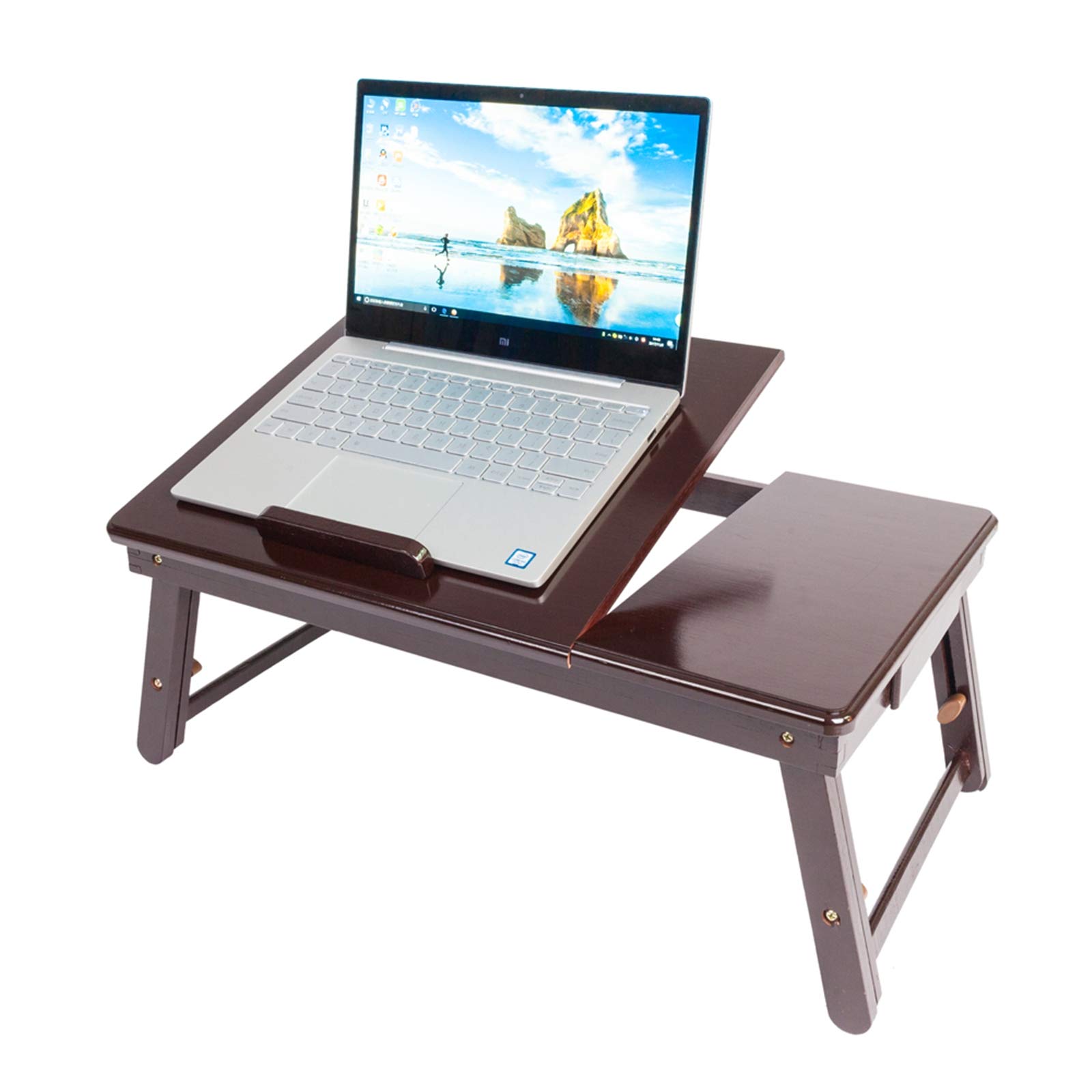 Adjustable Bamboo Computer Desk with Drawers - Foldable Laptop Desk & Breakfast Tray with Storage - Perfect for Home Office, Bedroom, Dorm & Small Spaces (Coffee Brown, Minimalist Design)