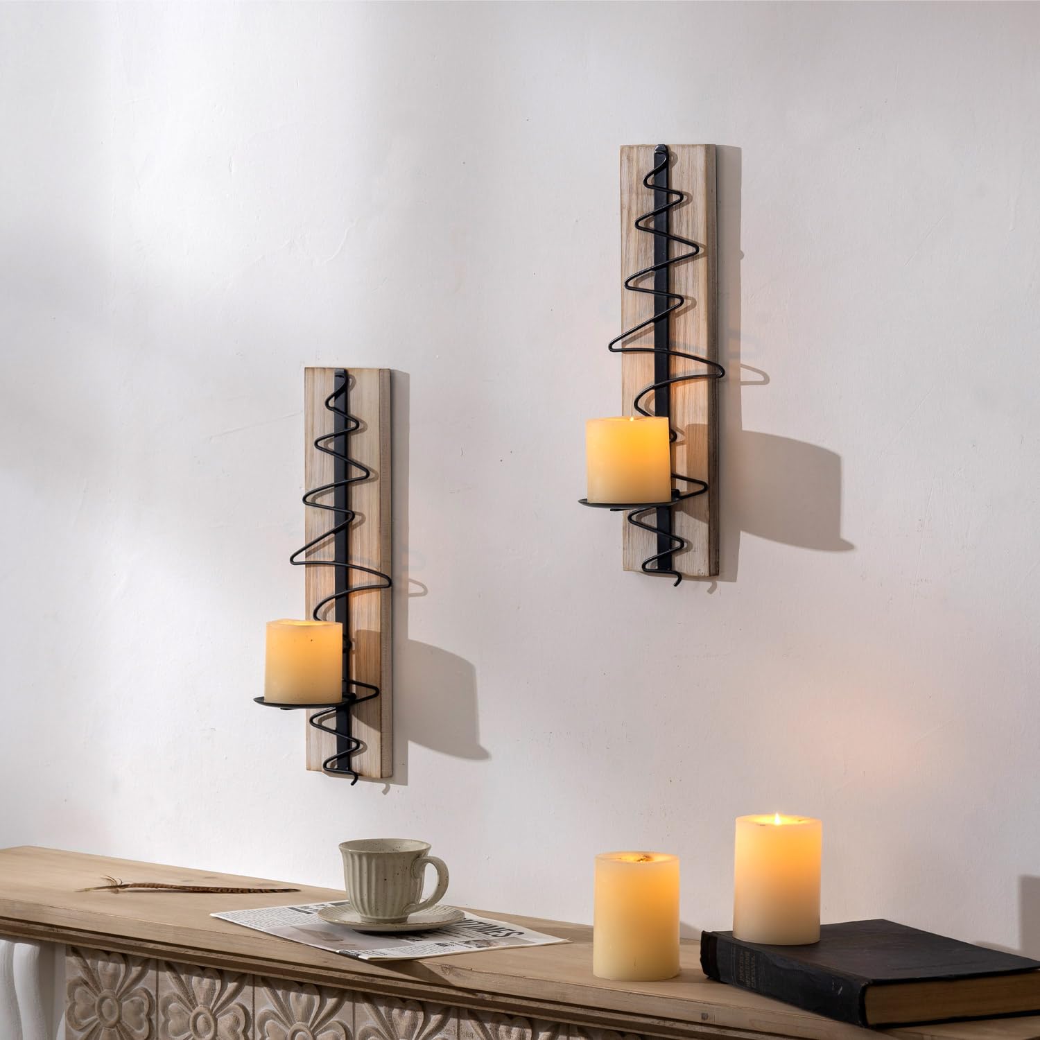 Rustic Wood Wall Candle Sconce Set of 2 - Farmhouse Wall Mounted Candle Holders for Living Room, Bathroom & Dining Room Decor - Perfect for Cozy Home Ambiance & Romantic Dinner Lighting