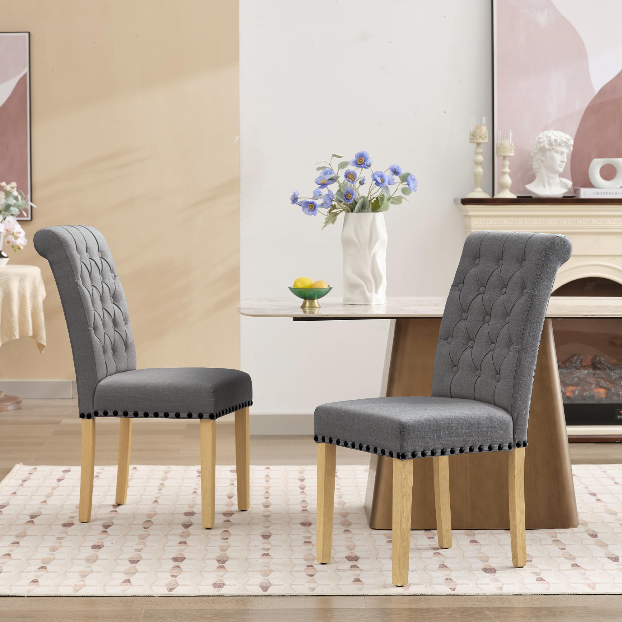 Modern Linen Fabric Dining Chairs Set of 2 - Parson Style with Nailhead Trim & Button Tufting - Solid Wood Legs Dark Grey - Perfect for Dining Room, Kitchen, Living Room & Home Office Seating