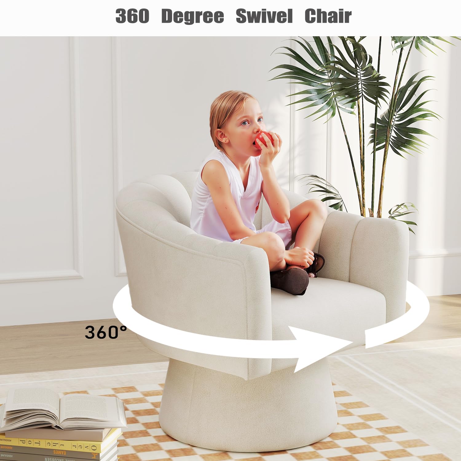 360° Swivel Velvet Accent Chair - Plush Upholstered Barrel Chair for Living Room, Bedroom, Office & Vanity | Overstuffed Bouncy Reading Chair with Round Arms (Beige) | Perfect for Relaxing, Reading & Home Decor