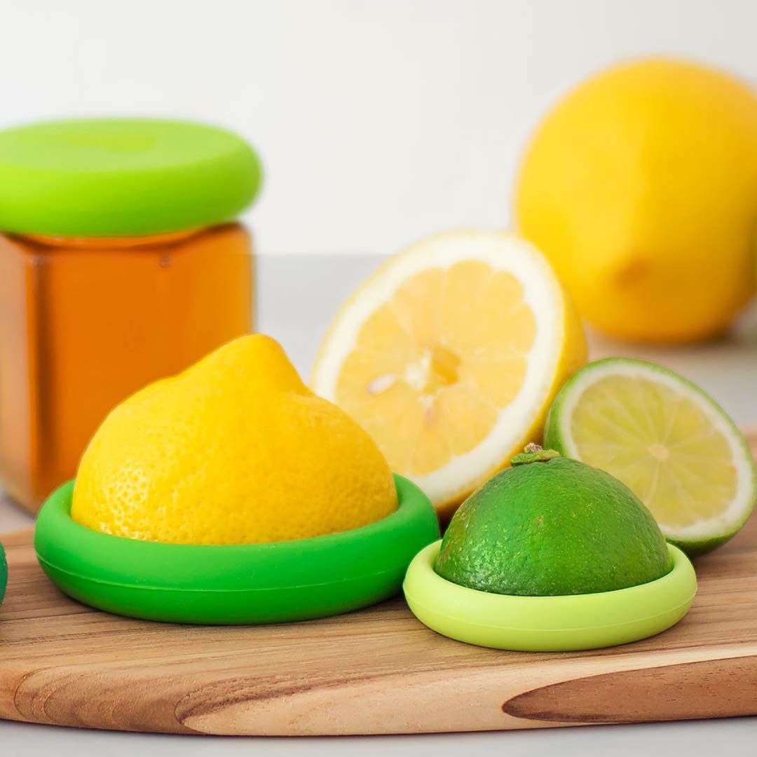 Reusable Silicone Food Huggers Set of 2 - Small Size Eco-Friendly Food Savers for Fruits & Vegetables - Green & Yellow - Perfect for Meal Prep & Leftover Storage