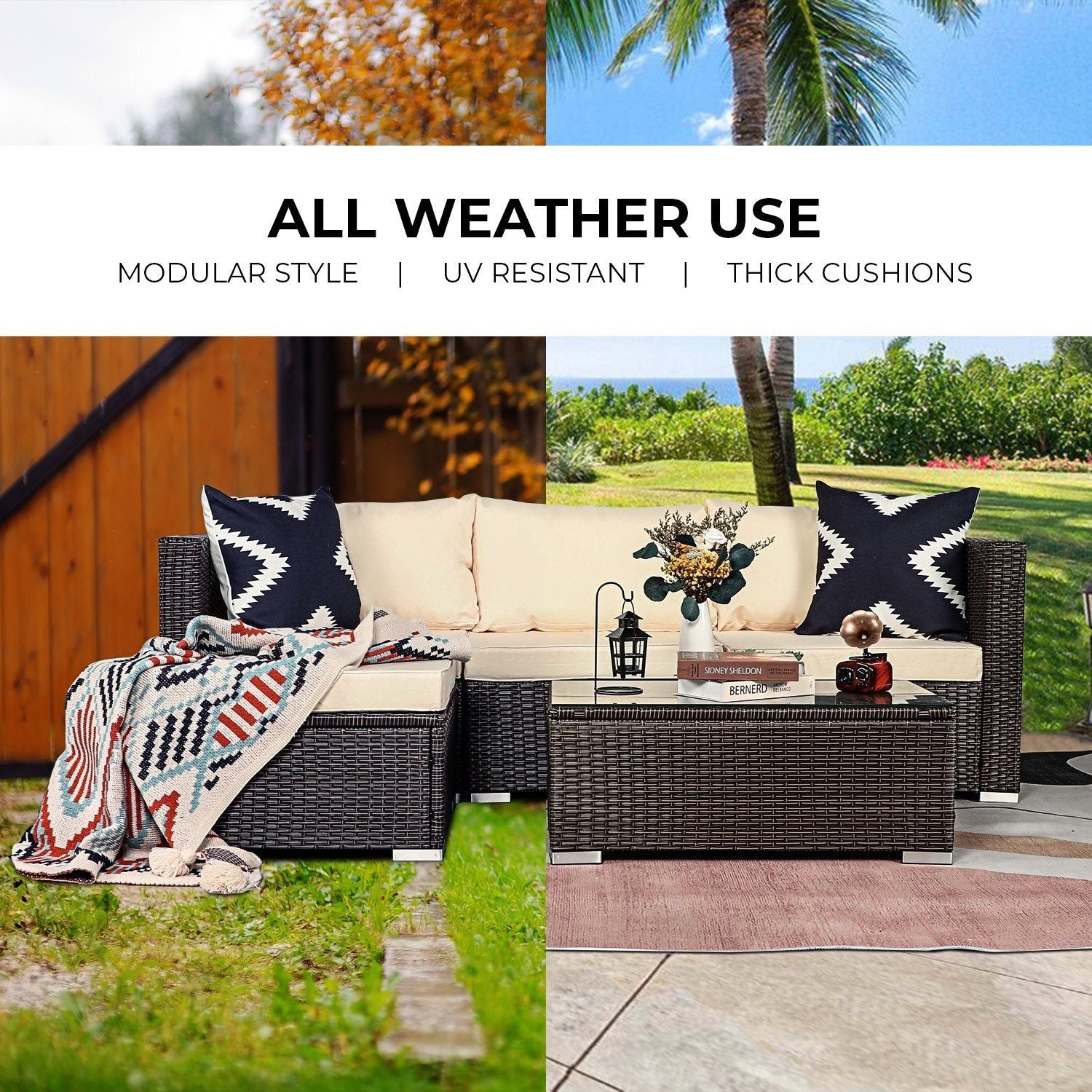 Stylish Sarantino 5-Piece Modular Outdoor Lounge Set - Durable PE Rattan Furniture in Elegant Brown | Perfect for Patio, Garden & Poolside Relaxation