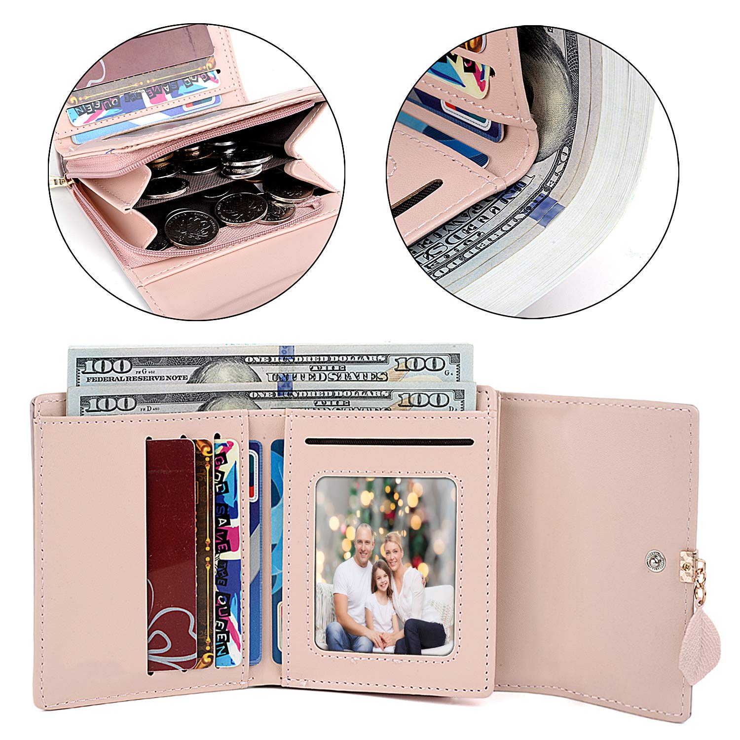UTO RFID Blocking Wallet for Women - PU Leather Leaf Pendant Card Holder with Zipper Coin Purse | Phone & Checkbook Organizer | Perfect for Travel, Shopping & Daily Use