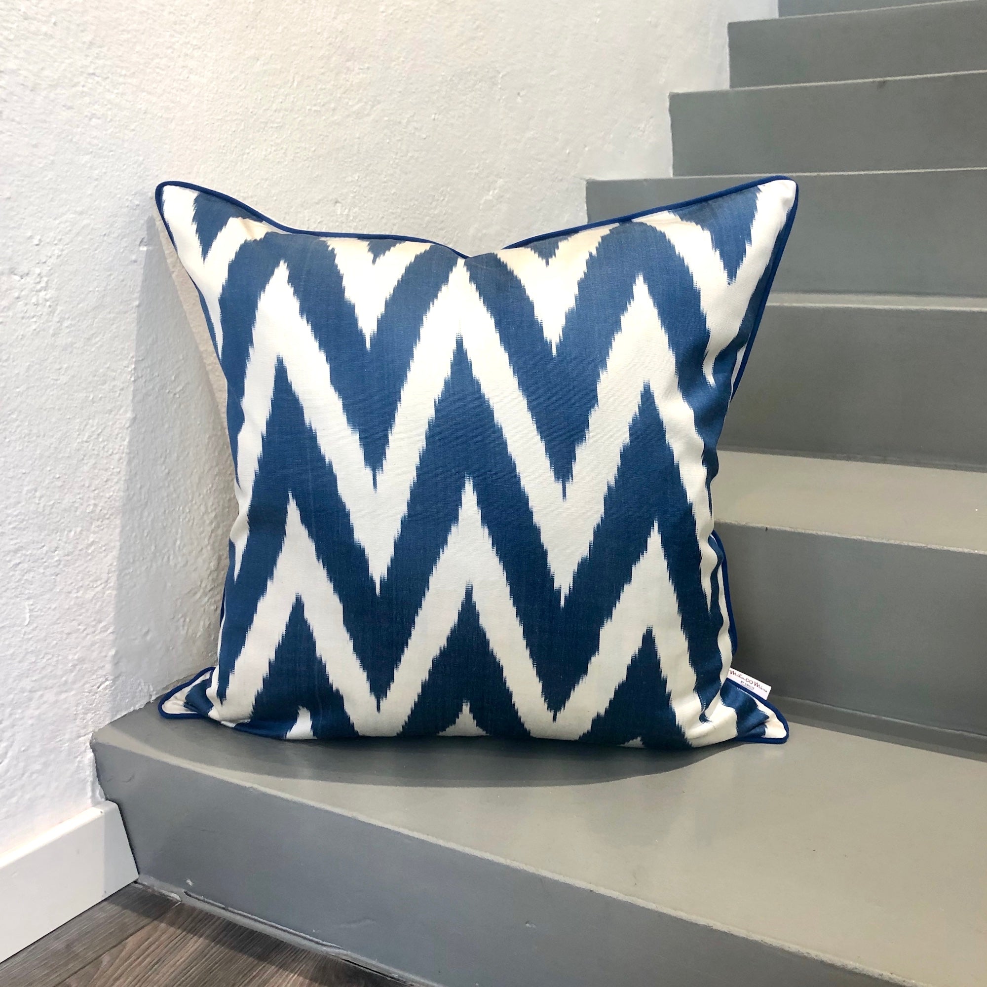 Handmade Silk Ikat Cushion Cover - Blue Zigzag Bohemian Design - Decorative Throw Pillow for Sofa, Bed & Home Decor