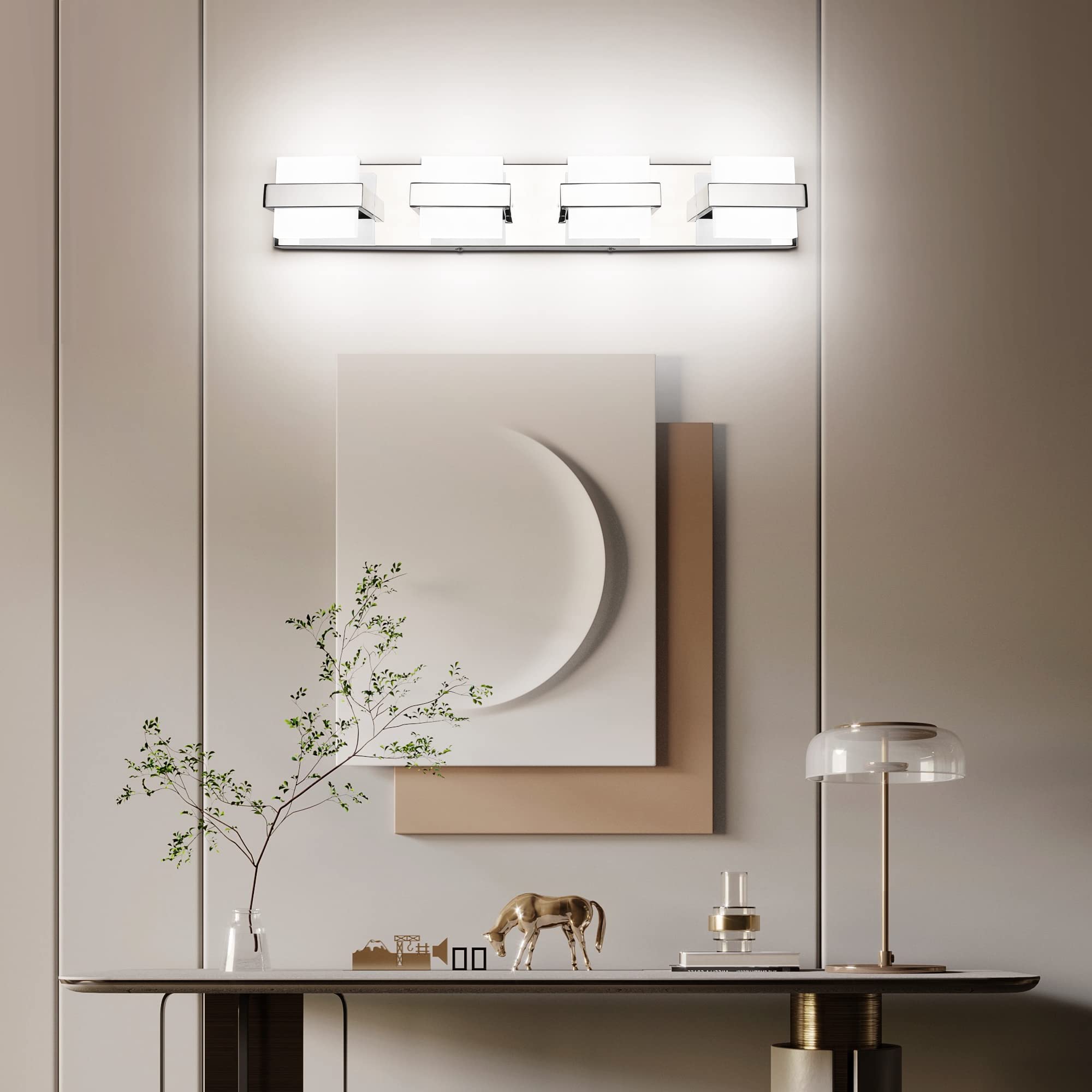 SOLFART 4-Light Chrome Modern LED Bathroom Vanity Light Fixture - 27 Inch Dimmable White Light for Mirror - Perfect for Bathroom, Powder Room & Dressing Area Makeup Lighting
